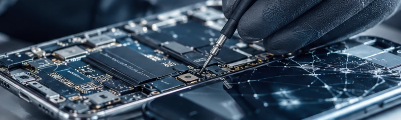 Techniker repariert die Platine eines geöffneten Smartphones mit beschädigtem Display